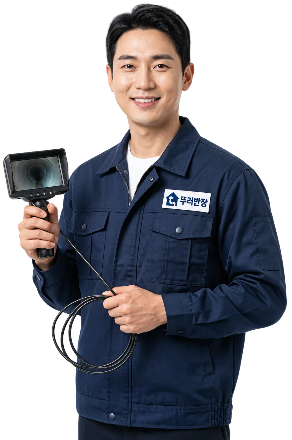 뚜러반장 명찰을 단 남색 작업복 차림으로 배관 내시경 모니터를 든 작업자